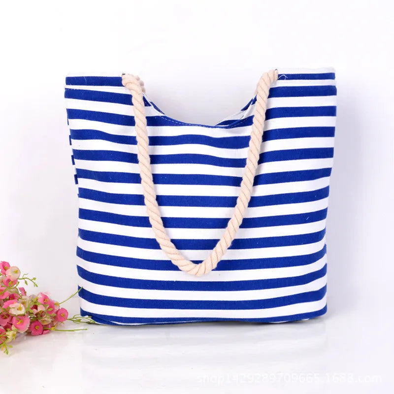 Women's Striped Canvas Tote Bag Large Capacity Shoulder Beach Bag