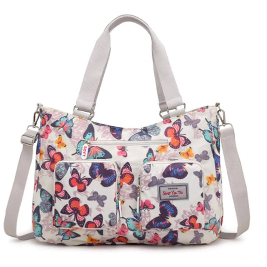 Women's Waterproof Nylon Travel Tote Bag with Floral Print and Multi-Pockets