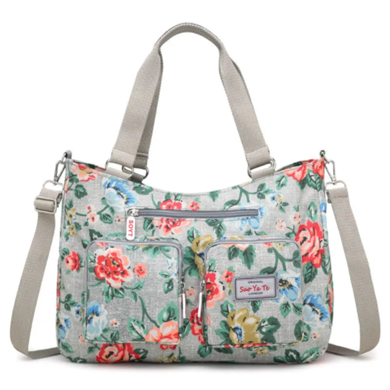 Women's Waterproof Nylon Travel Tote Bag with Floral Print and Multi-Pockets