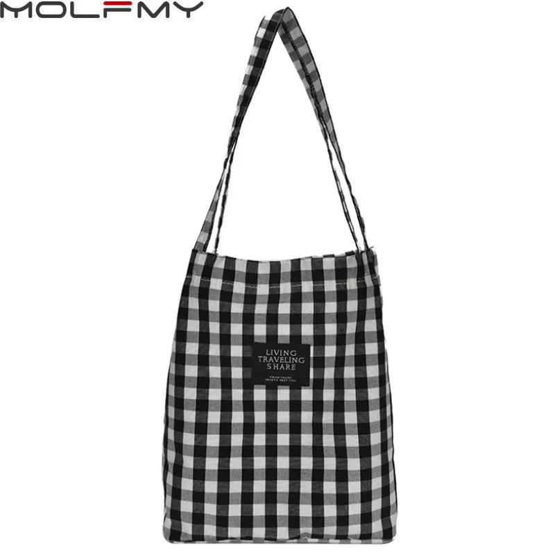 Plaid Canvas Handbag Large Capacity Black White Check Tote Bag