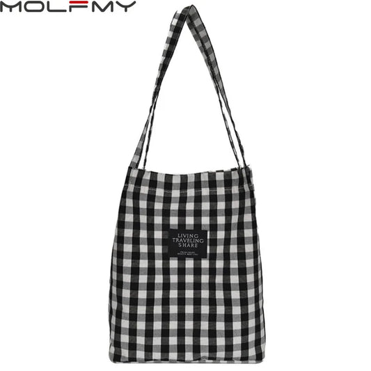 Plaid Canvas Handbag Large Capacity Black White Check Tote Bag