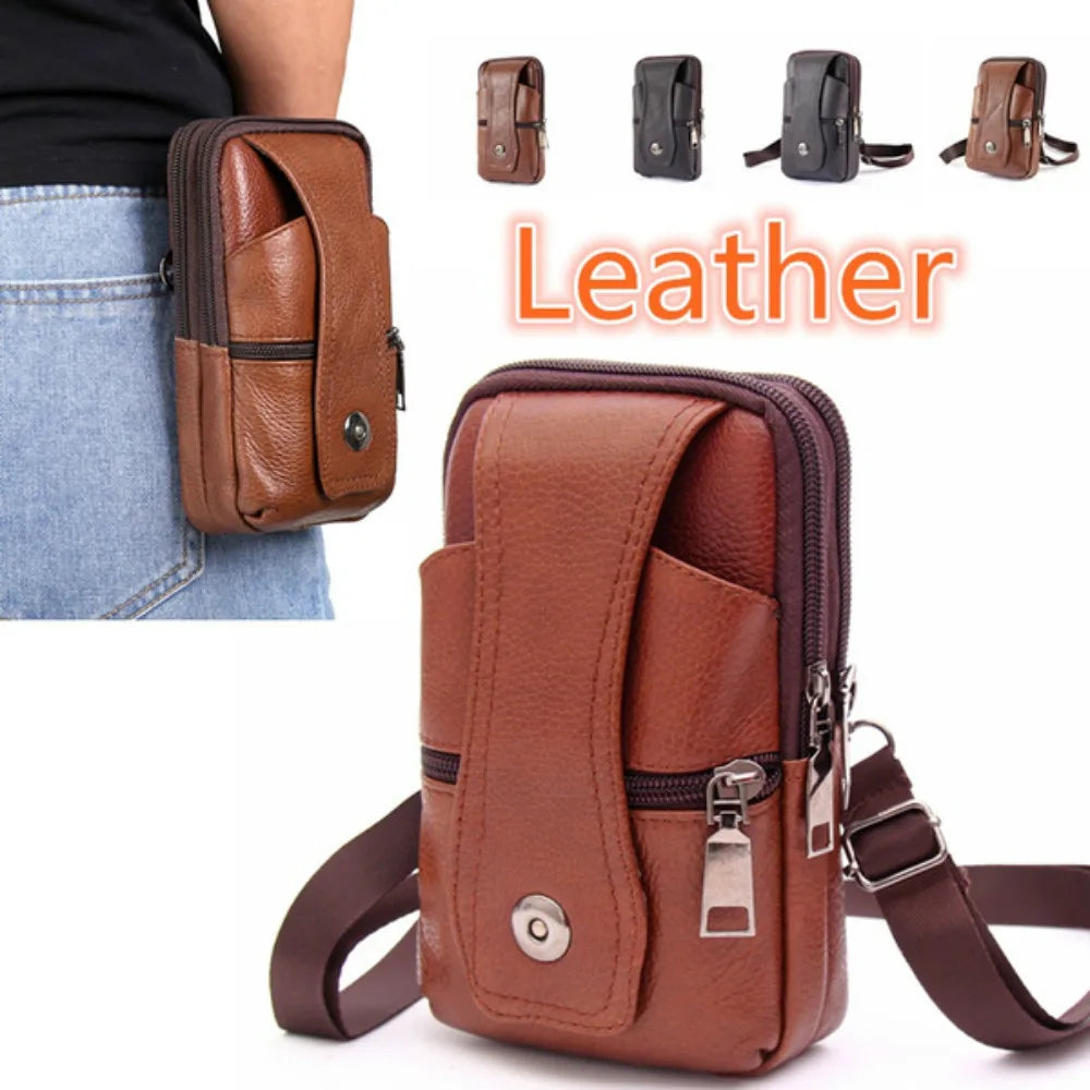 Crossbody Multifunction Leather Phone Waist Bag Brown