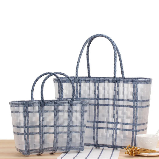 Fashion PVC Handwoven Check Tote Bag Transparent Jelly Beach Handbag