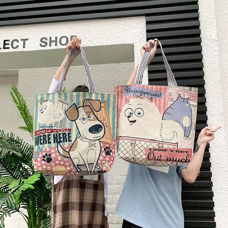 Cute Cartoon Dog Cat Canvas Tote Bag - Large Shopping Beach Shoulder Bag for Women Girls