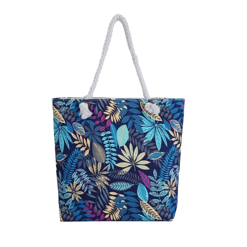 Summer Floral Canvas Beach Tote Bag - Large Capacity, Single Shoulder, Casual Handbag for Women