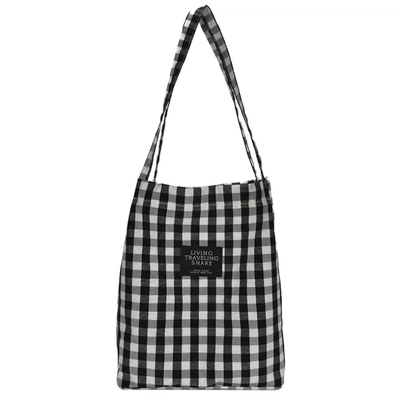 Plaid Canvas Handbag Large Capacity Black White Check Tote Bag