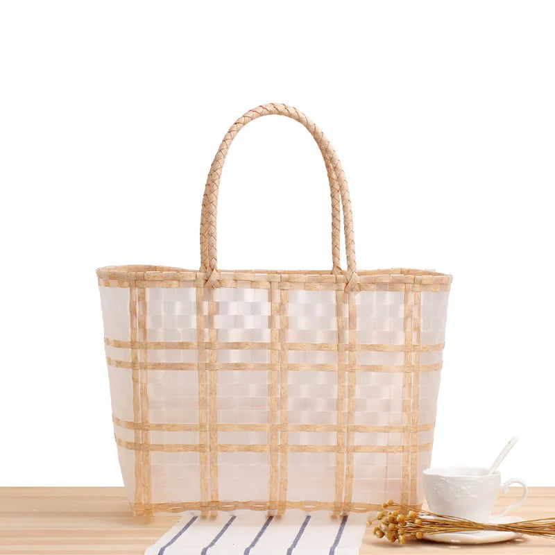 Fashion PVC Handwoven Check Tote Bag Transparent Jelly Beach Handbag