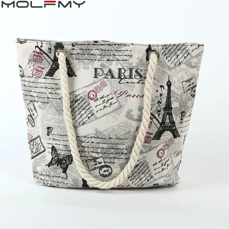 Ladies Canvas Handbag Large Capacity Paris Tower Print Shoulder Crossbody Beach Tote