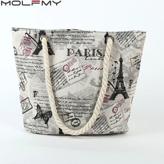 Ladies Canvas Handbag Large Capacity Paris Tower Print Shoulder Crossbody Beach Tote