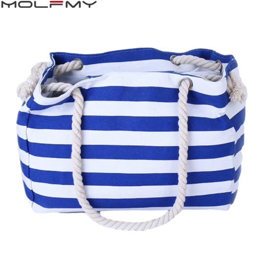 Women's Canvas Striped Tote Bag - Large Capacity Casual Beach Shoulder Handbag