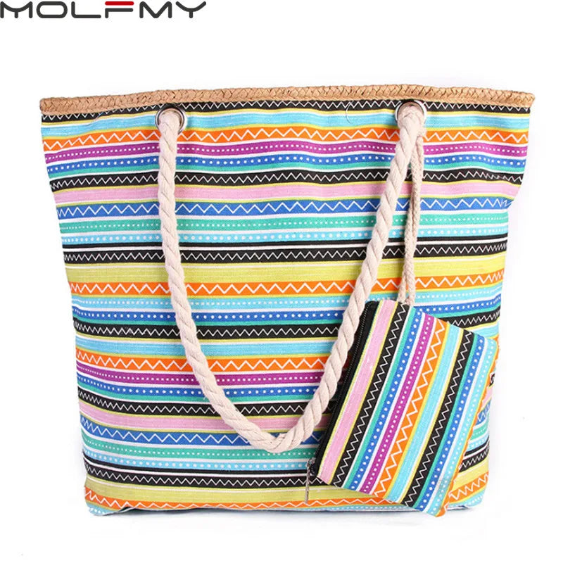 Ladies Canvas Handbag Set: Colorful Striped Large Capacity Shoulder Bag & Beach Tote