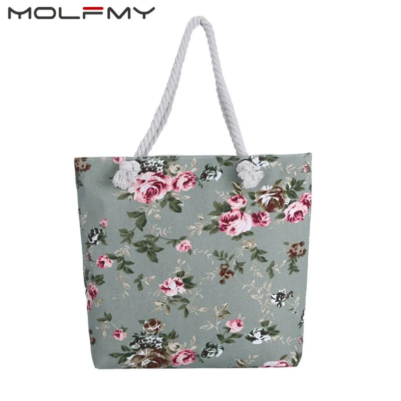 Summer Floral Canvas Beach Tote Bag - Large Capacity, Single Shoulder, Casual Handbag for Women