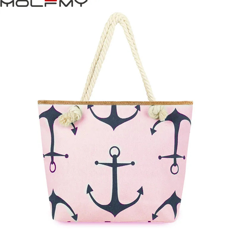 Women's Large Canvas Tote Bag - Anchor Print, Shoulder Beach Bag, Eco-Friendly