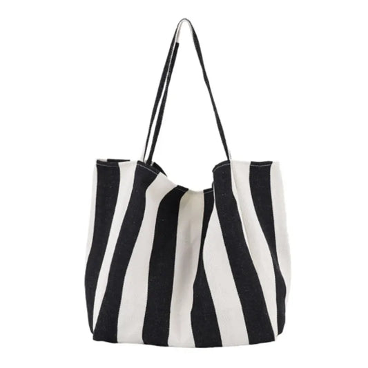 Classic Striped Canvas Tote Bag Large Capacity Shoulder Bag