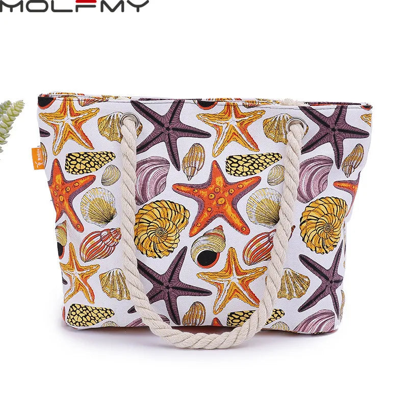 Canvas Conch Print Beach Tote Bag - Large Capacity Shoulder Handbag