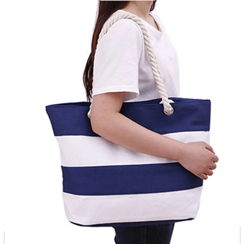 Women's Striped Canvas Tote Bag Large Capacity Shoulder Beach Bag