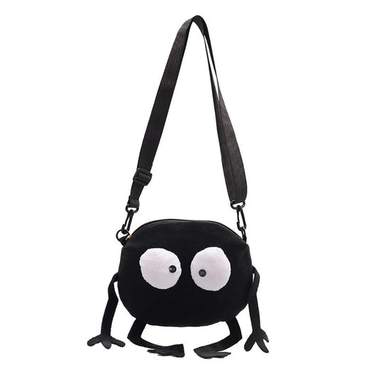 Big-Eyed Monster Canvas Shoulder Bag - Unisex Black Messenger Bag with Adjustable Strap