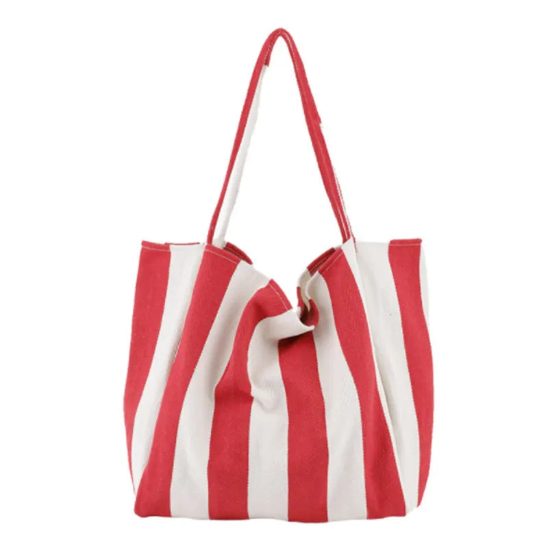 Classic Striped Canvas Tote Bag Large Capacity Shoulder Bag