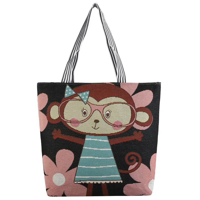 Cute Cartoon Dog Cat Canvas Tote Bag - Large Shopping Beach Shoulder Bag for Women Girls