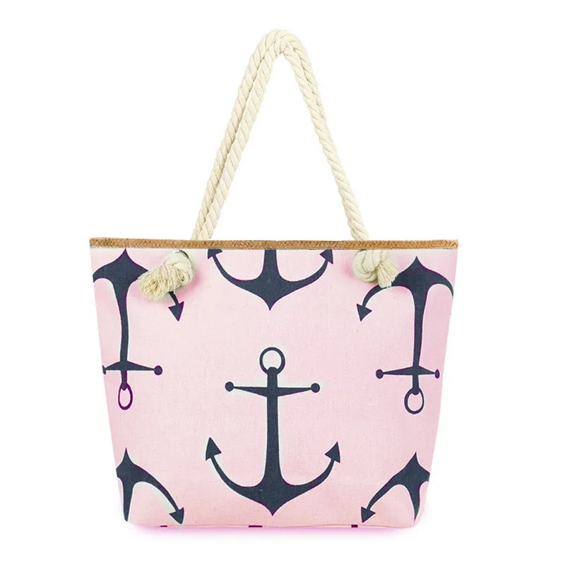 Women's Large Canvas Tote Bag - Anchor Print, Shoulder Beach Bag, Eco-Friendly