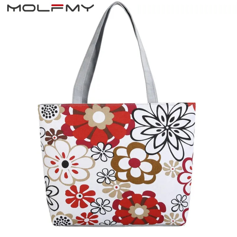 Floral Canvas Large Capacity Women's Shoulder Bag Eco Reusable