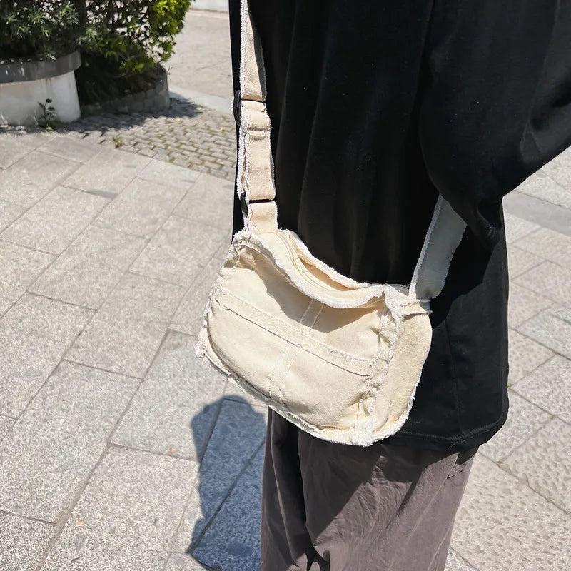 Canvas Shoulder Bag for Men Female Thick Cloth Small Messenger Bag for Women Retro Vintage Crossbody Bags Cute Zipper Purses