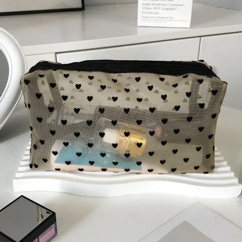 Heart Shaped Transparent Mesh Makeup Bag Women Cosmetic Toiletry Storage Bag Ladies Lipstick Key Coin Organizer Bags Purse Pouch