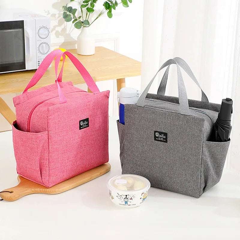 Thermal Lunch Bag Portable Cooler Pouch With Two Side-pockets Office Student Lunch Picnic Storage Box Food Container Handbag