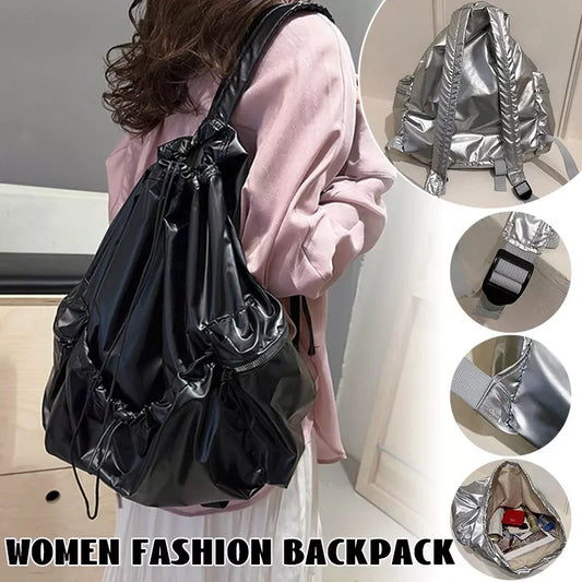 Women's Large Waterproof Nylon Backpack - Glossy Drawstring Travel Knapsack