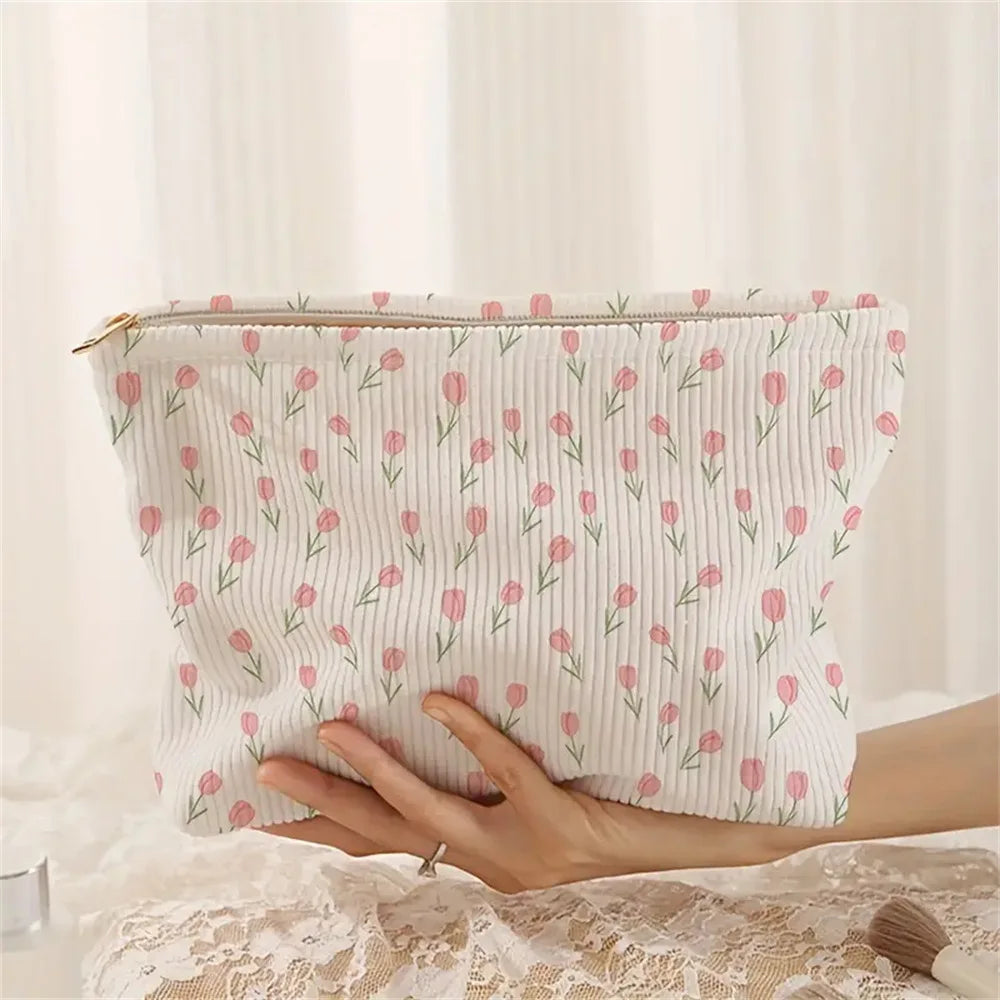 Tulip Pattern Corduroy Makeup Bag Portable Travel Organizer Clutch