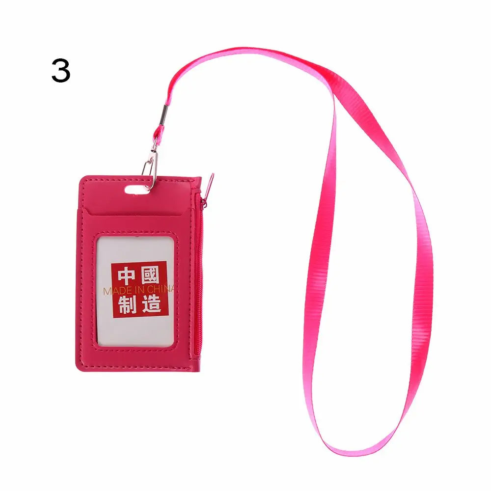 Fashion ID Badge Card Holder Colorful Leather Business Card Case Cover with Neck Lanyard Coin Purse Zipper Bag Wallets