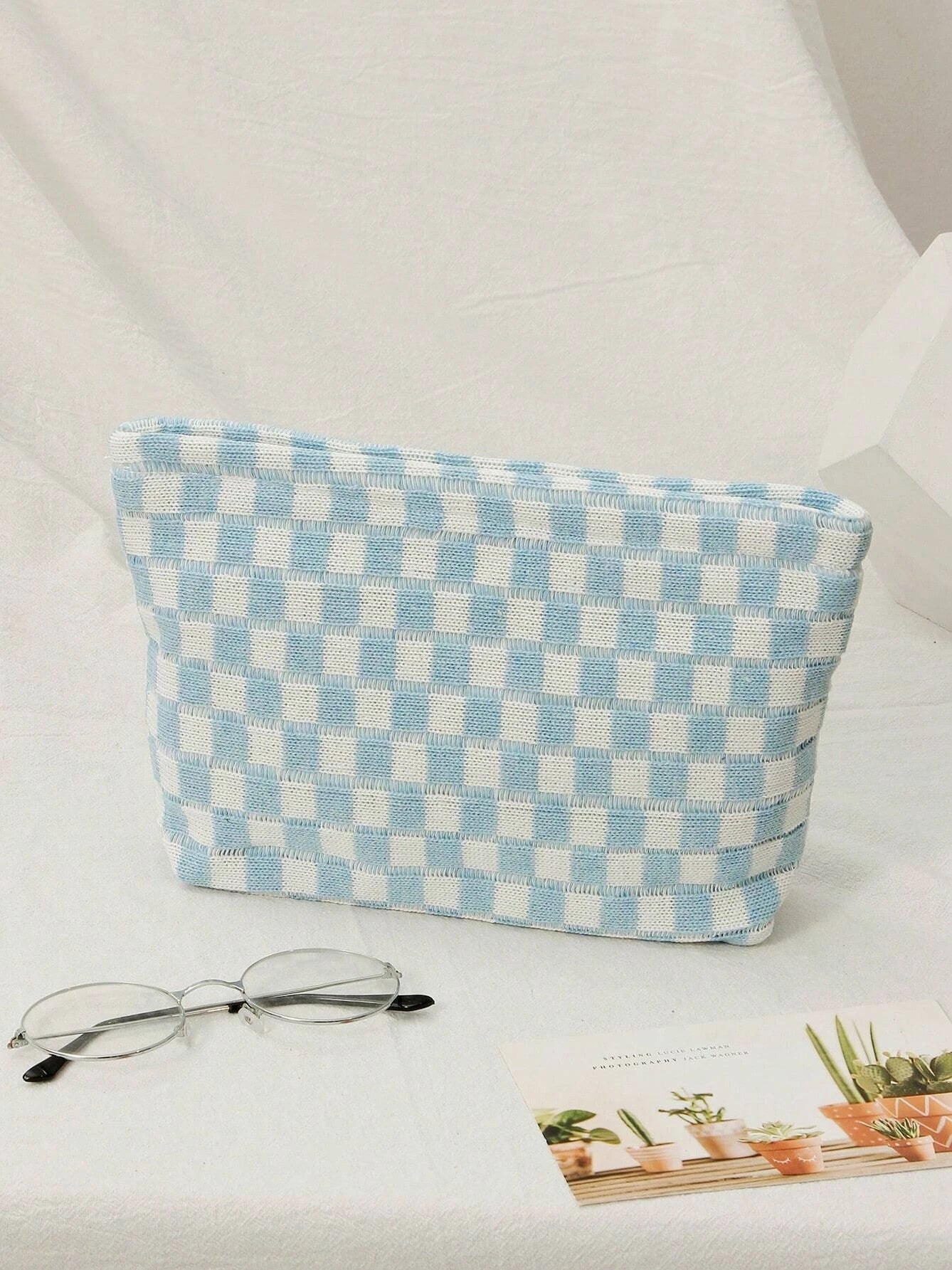 Checkerboard Cosmetic Bag Knitted Toiletry Storage Bag Colorful Makeup Pouch Organizer Checkered Pattern Cosmetic Bag