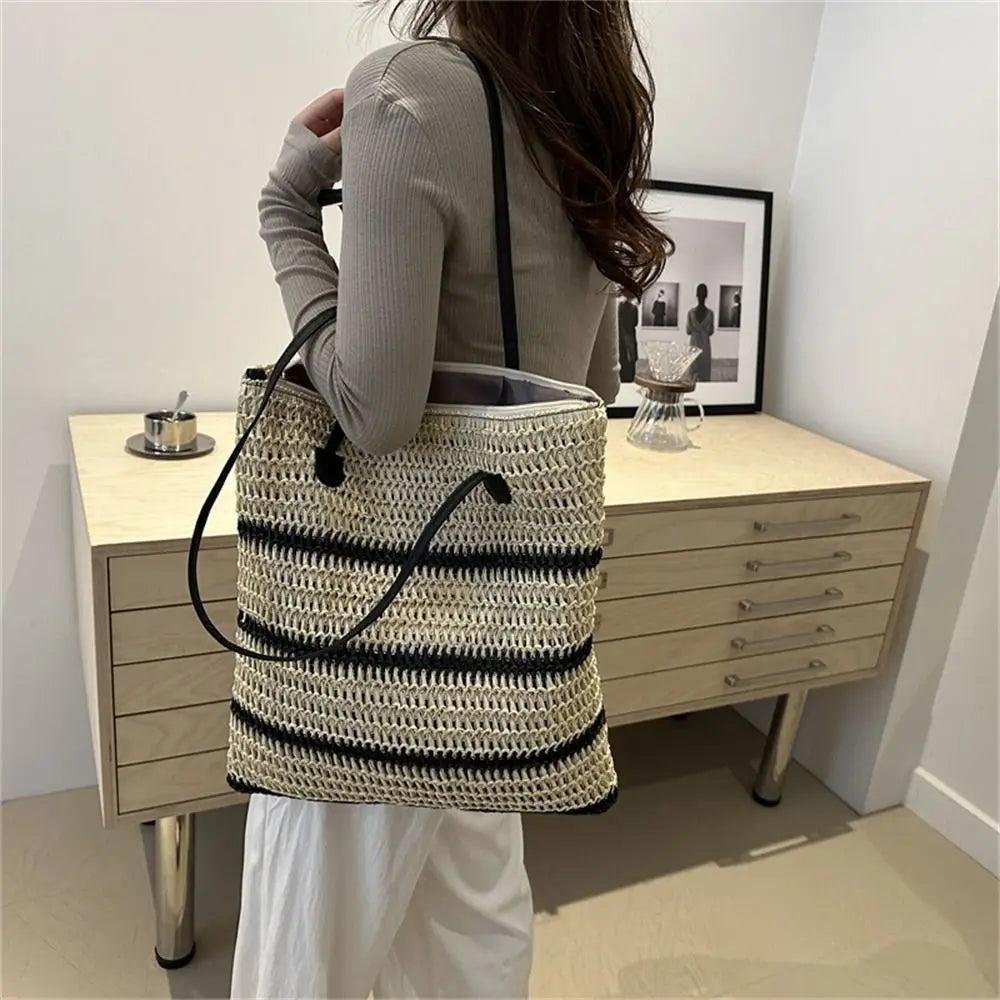 Large Straw Tote Bag - Handmade Woven Shoulder Bag for Women & Girls Beach Handbag