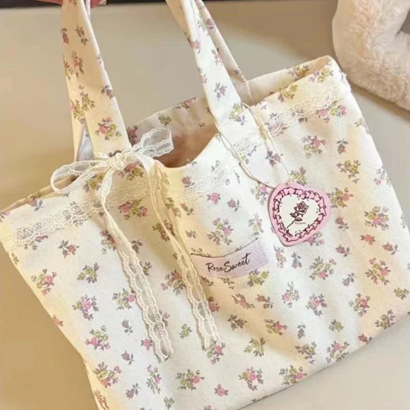 Large Canvas Tote Bag with Lace Bow