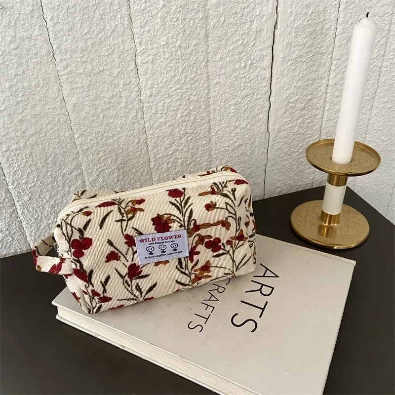 Fashion Retro Flowers Print Cosmetic Bag Canvas Washing Bag Large Capacity Women Travel Cosmetic Pouch Make Up Storage Bags