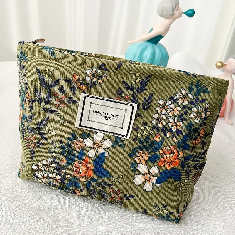 Fashion Retro Flowers Print Cosmetic Bag Canvas Washing Bag Large Capacity Women Travel Cosmetic Pouch Make Up Storage Bags