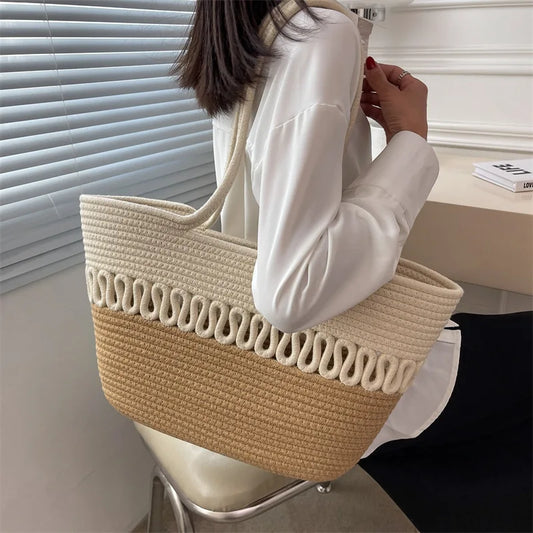 Woven Cotton Beach Bag - Large Capacity Handmade Summer Tote