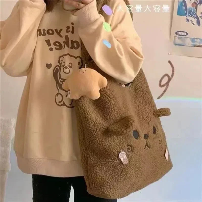 Winter Plush Tote Bag Women Cartoon Embroidery Lamb Hair Shoulder Shopper Bag