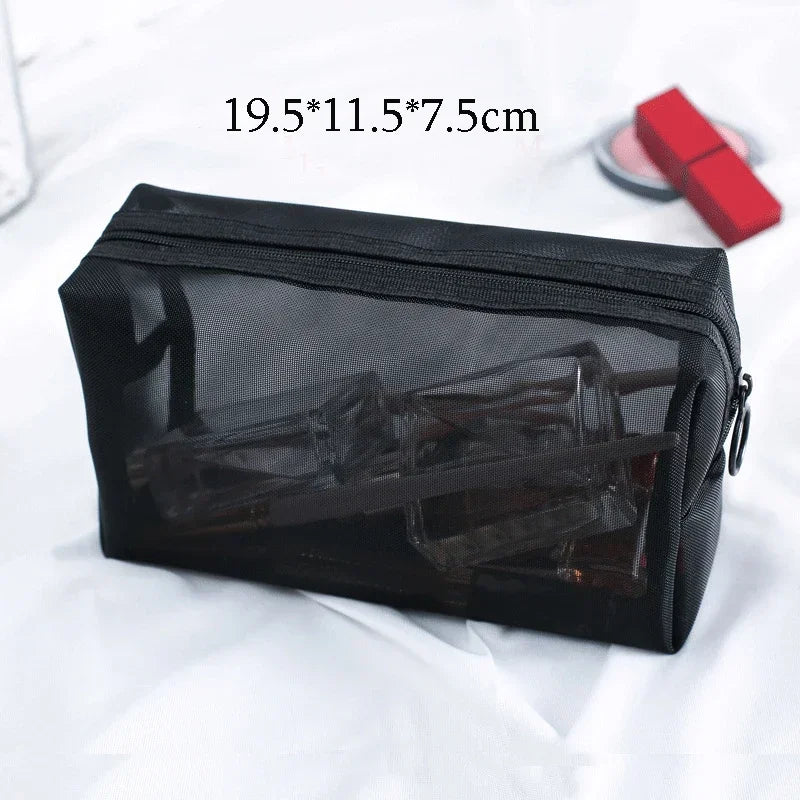 Women Necessary Cosmetic Bag Fashion Black Mesh Transparent Travel Organizer Large Capacity Toiletry Bags Portable Makeup Pouch