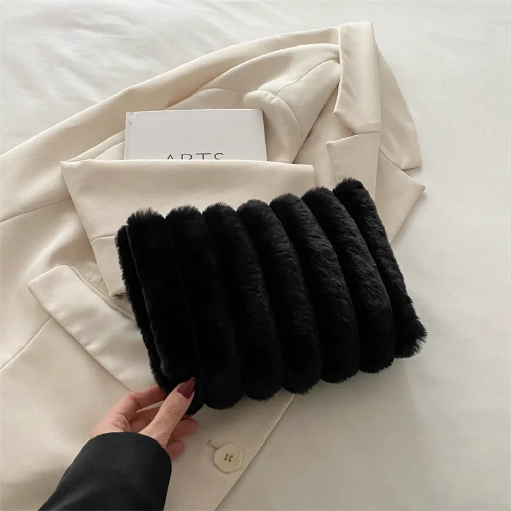 Fluffy Faux Fur Striped Makeup Bag Large Capacity Travel Organizer