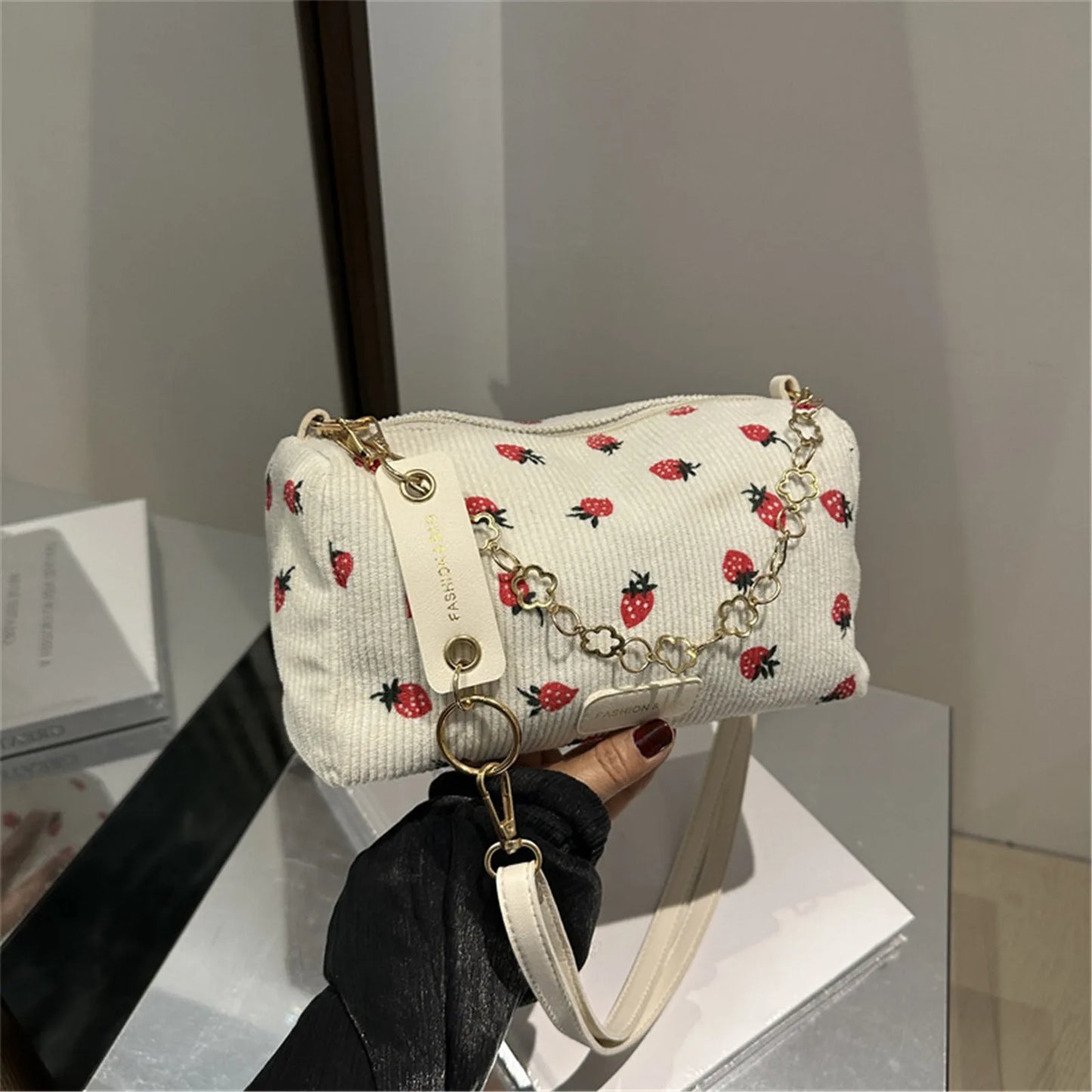 Strawberry Print Corduroy Crossbody Bag - Cute Casual Shoulder Handbag