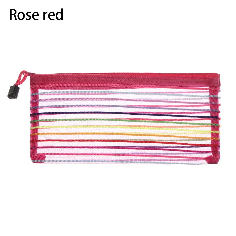 Fashion Zipper Pencil Case Solid Color Mesh Pen Bag Cosmetic Storage Rainbow Color Cosmetic Handbags Coin Purse Stationery