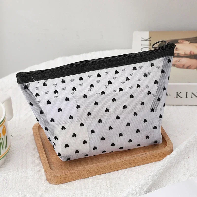 Love Print Mesh Cosmetic Bag Portable Toiletry Organizer Makeup Bag Multifunction Transparent Women Lipstick Storage Pouch