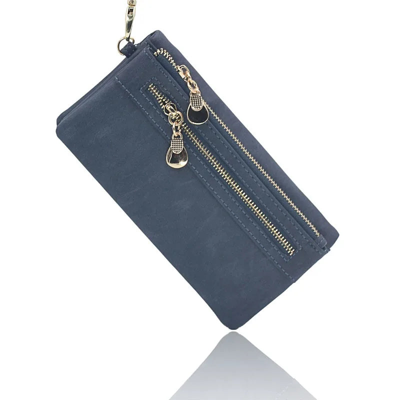 Large Capacity Women's Dull Polish Leather Wallet Double Zipper Clutch Wristlet Purse Phone Coin Card Holder Multi-pocket Wallet