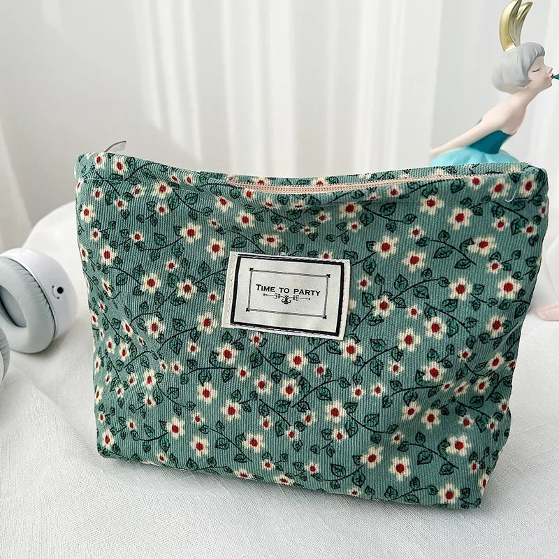 Fashion Retro Flowers Print Cosmetic Bag Canvas Washing Bag Large Capacity Women Travel Cosmetic Pouch Make Up Storage Bags