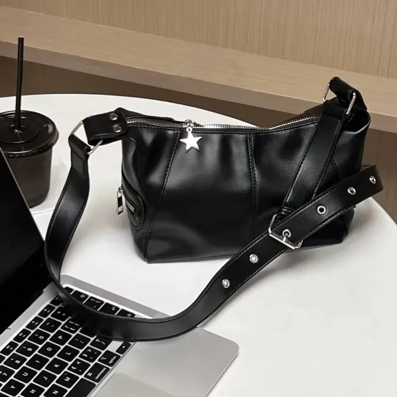 Y2K Korean Gothic Star Girl Black Handbag Harajuku Aesthetic Vintage Shoulder Crossbody Bag Trendy Women Messenger Tote Bags