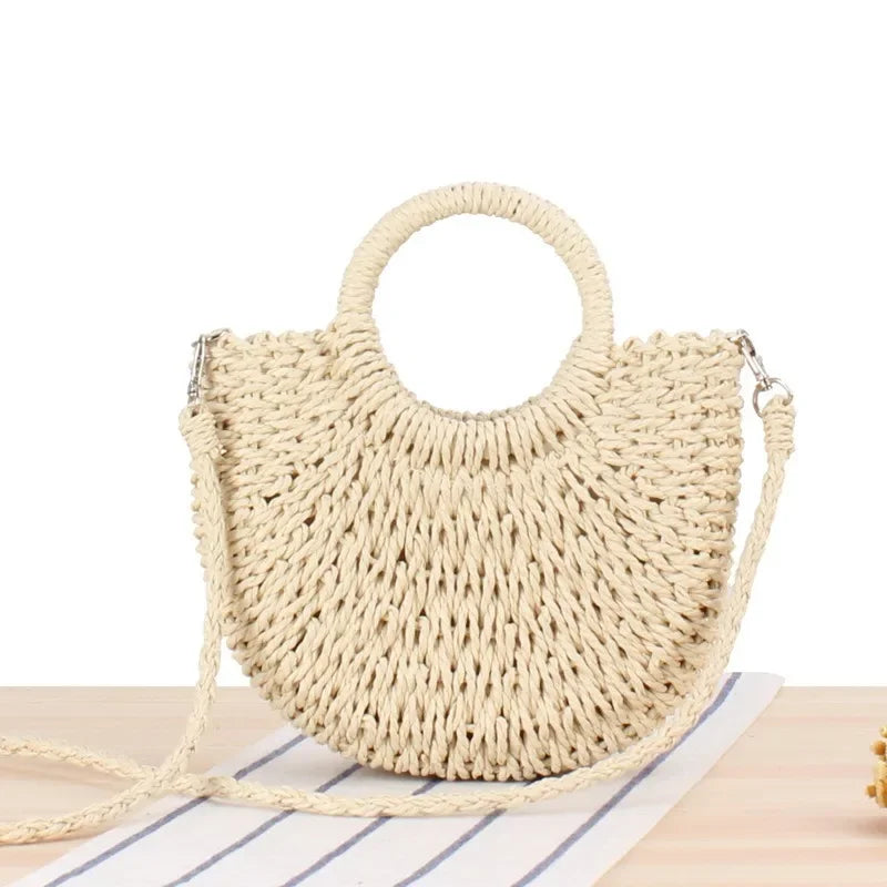 Straw Moon-Shaped Hand-Woven Rattan Bag with Lace Bow and Drawstring