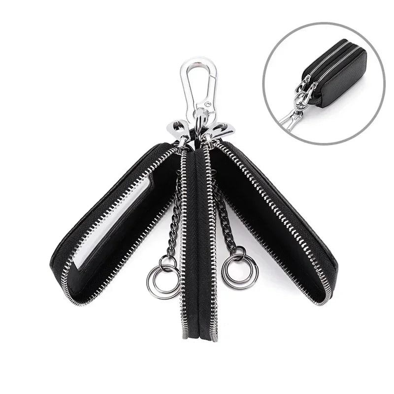 Double-layer Zipper Car Key Bag Lychee Pattern Top Layer Cowhide Key Bag Genuine Leather Key Chain Large Capacity Unisex KeysBag