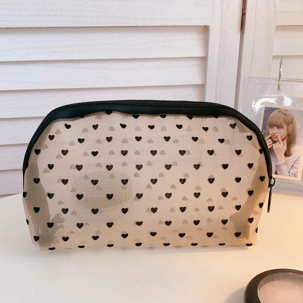 Transparent Heart Mesh Storage Bags Women Necessary Cosmetic Bag Travel Organizer Small Large Black Toiletry Bags Makeup Pouch