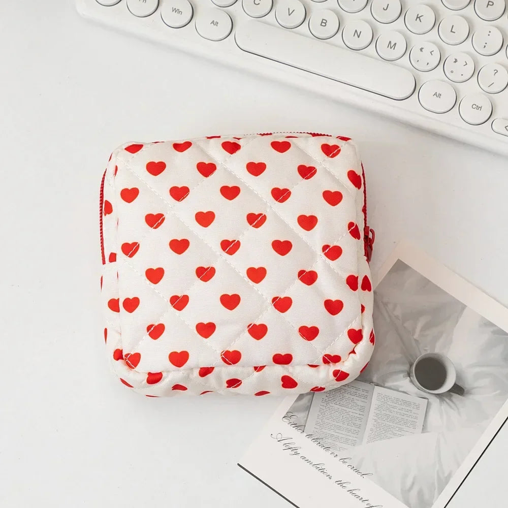 Cute Heart Print Cosmetic Bag Lipstick Brush Storage Bag Travel Toiletry Kit Women Kawaii Makeup Handbags Organizer Pouch Bags